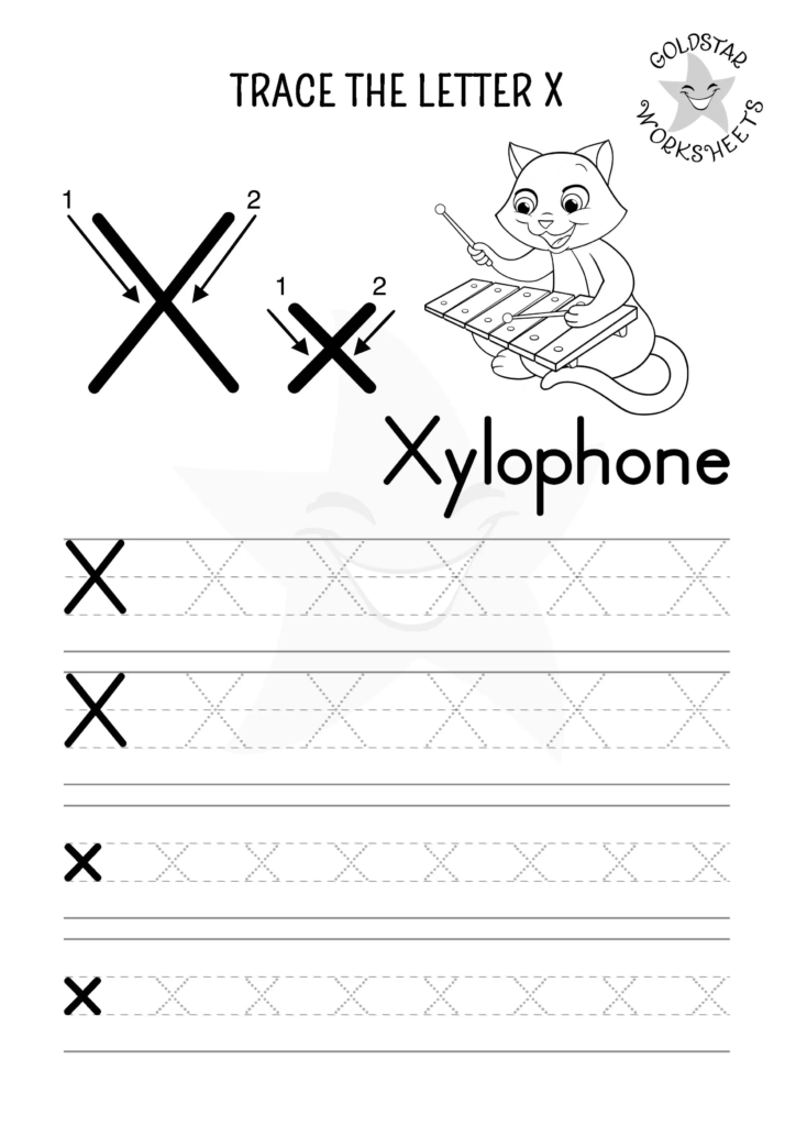 Pre-K geometry tracing worksheet featuring letters x, y, and z for young learners Tracing practice for lowercase letters x, y, and z on a Pre-K handwriting worksheet