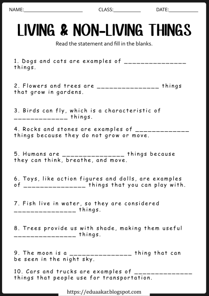 Pre-K phonics worksheet showing various plants and animals to identify living and non-living things