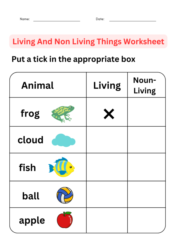 Pre-K phonics worksheet featuring plants and animals to identify living and non-living things
