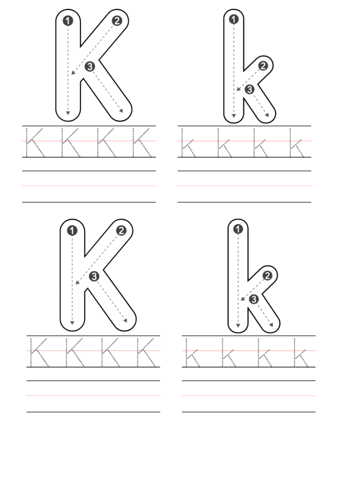 Preschool worksheet focusing on the letter K with coloring activities