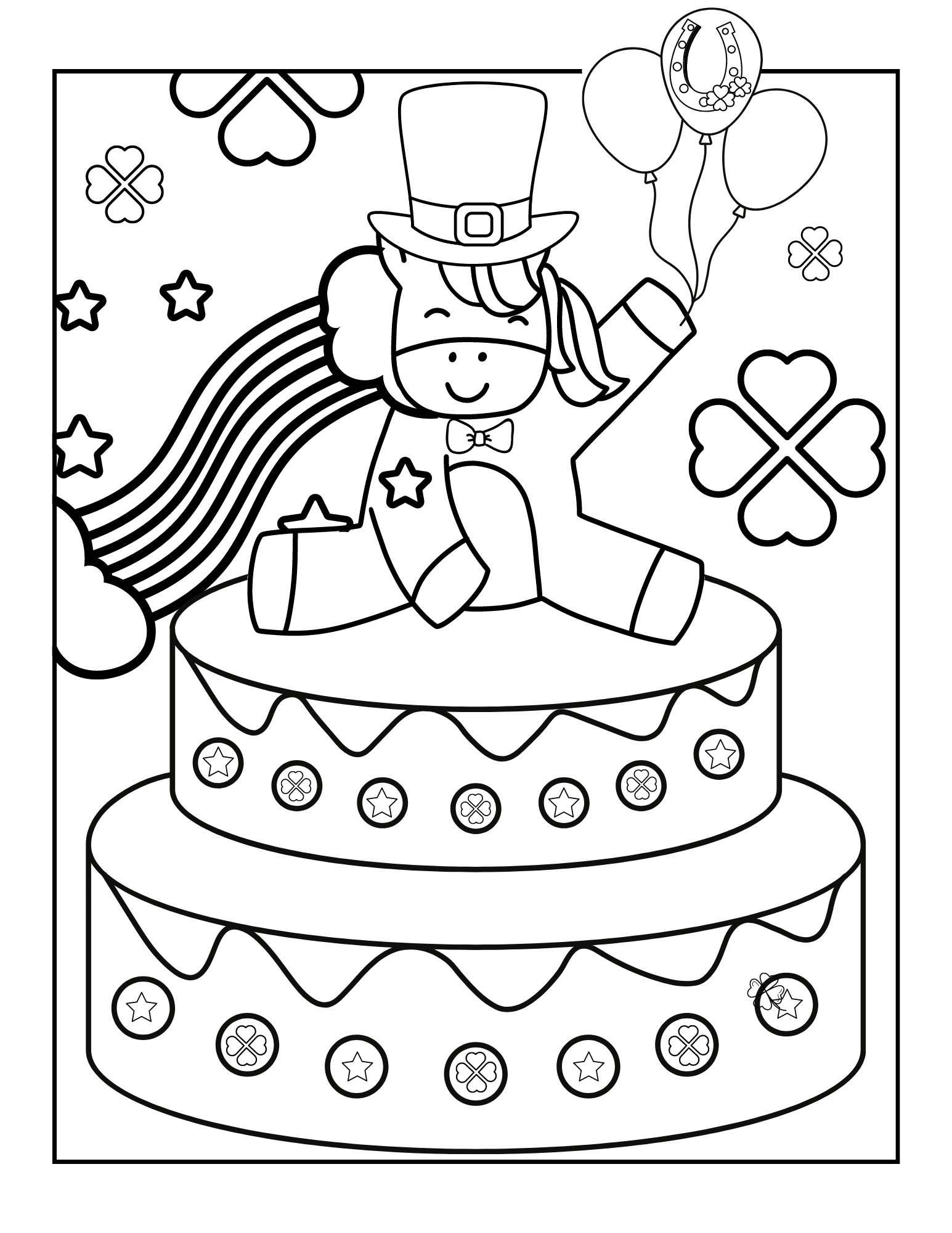 Preschool St. Patrick's Day coloring sheet featuring a cheerful leprechaun and shamrocks