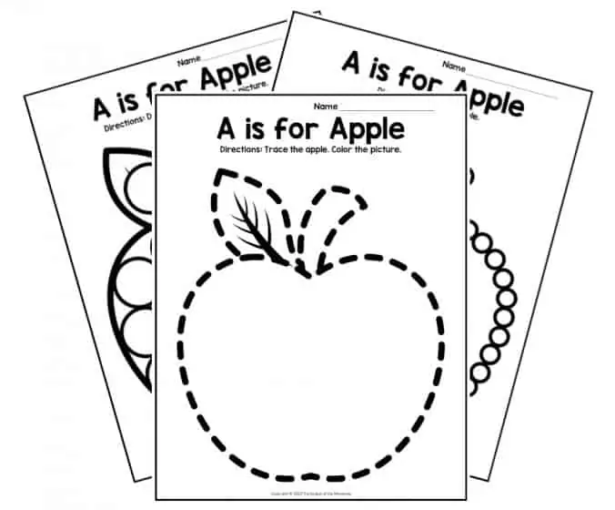 Apple alphabet worksheet showing fine motor activities with letter A tracing and writing exercises Child coloring apples and tracing uppercase letter A on a Pre-K writing practice worksheet
