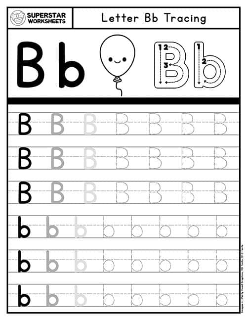 Letter b writing practice worksheet for early learners, image 3 Pre-K child practicing tracing and writing the lowercase letter b on a worksheet