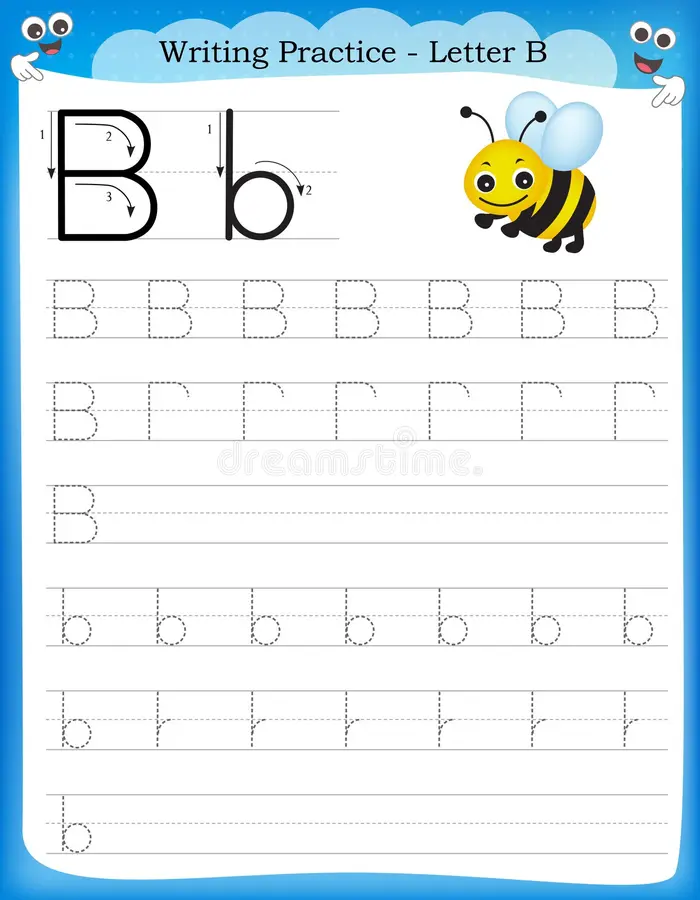 Practice recognizing and writing the letter b with this fun activity sheet Pre-K worksheet for tracing and writing the lowercase letter b