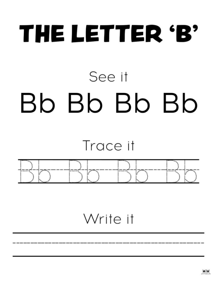 Lowercase letter b tracing and recognition practice for early learners on worksheet 11 Pre-K writing worksheet focused on tracing and writing the lowercase letter b