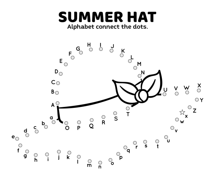 Connect the dots with letters worksheet featuring a fun whale design for early learners Pre-K phonics worksheet showing a whale formed by connecting dots labeled with letters