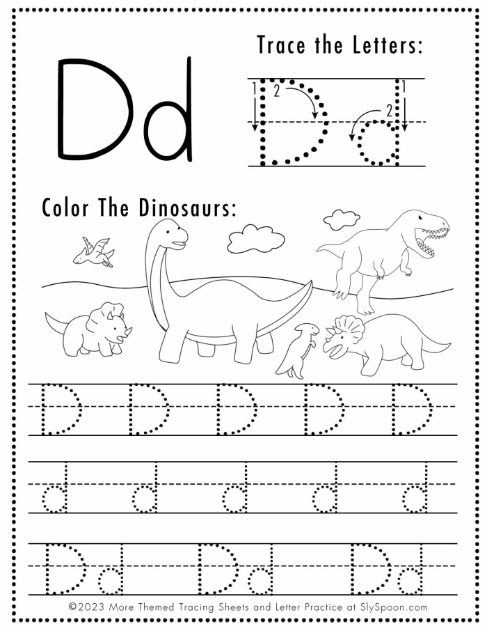 Letter D tracing and writing exercise for young learners on worksheet 22 Pre-K Alphabet Practice worksheet featuring letter D tracing and drawing activities