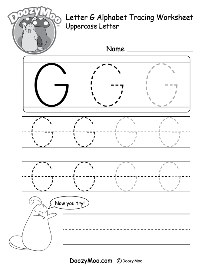 Worksheet for practicing letter G tracing to build fine motor skills in young children Pre-K tracing worksheet for letter G with lines and letter formation exercises