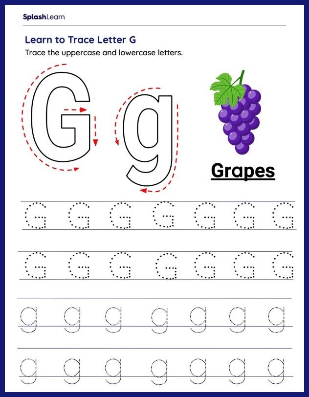 Tracing the letter G worksheet for prekindergarten motor skill development, image 4 Pre-K handwriting worksheet showing tracing exercises to help children practice forming the letter G