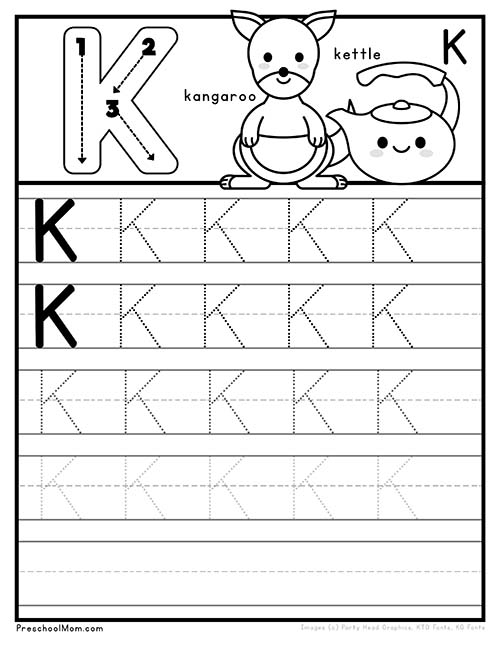 Preschool worksheet featuring the letter K with colorful illustrations for learning and coloring