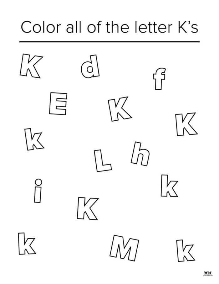 Preschool worksheet featuring the letter K with coloring activities to reinforce letter sounds
