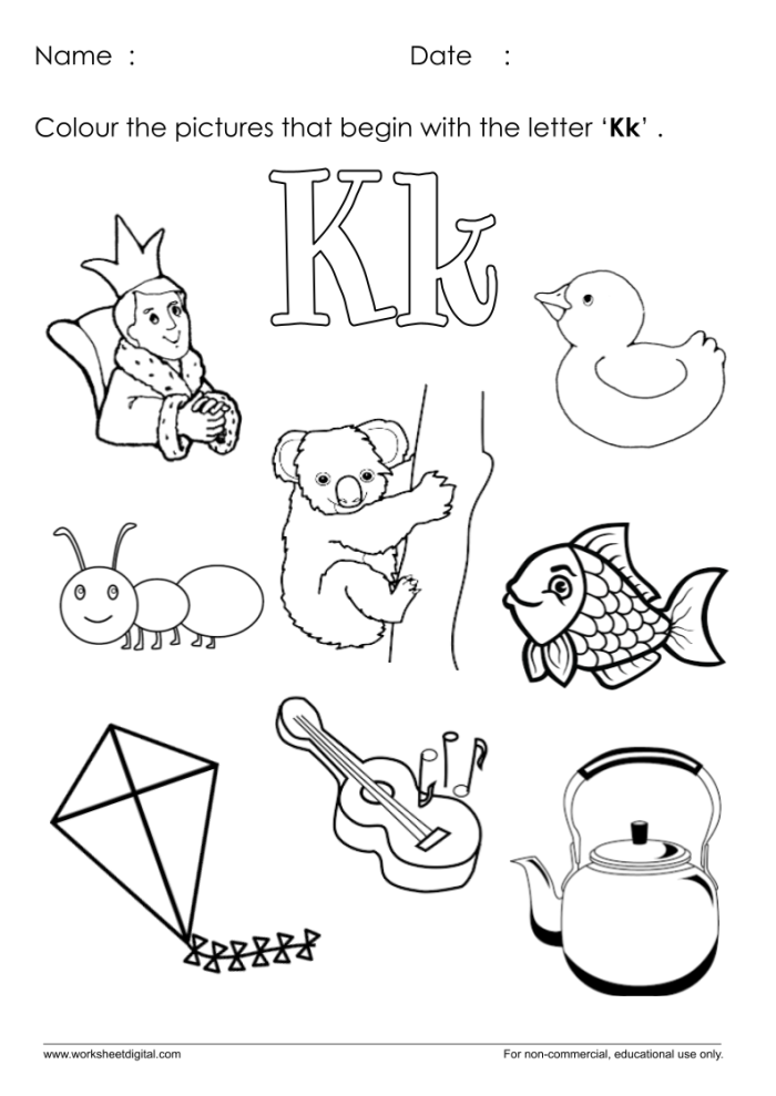 Preschool worksheet featuring the letter K with coloring activities to learn sounds