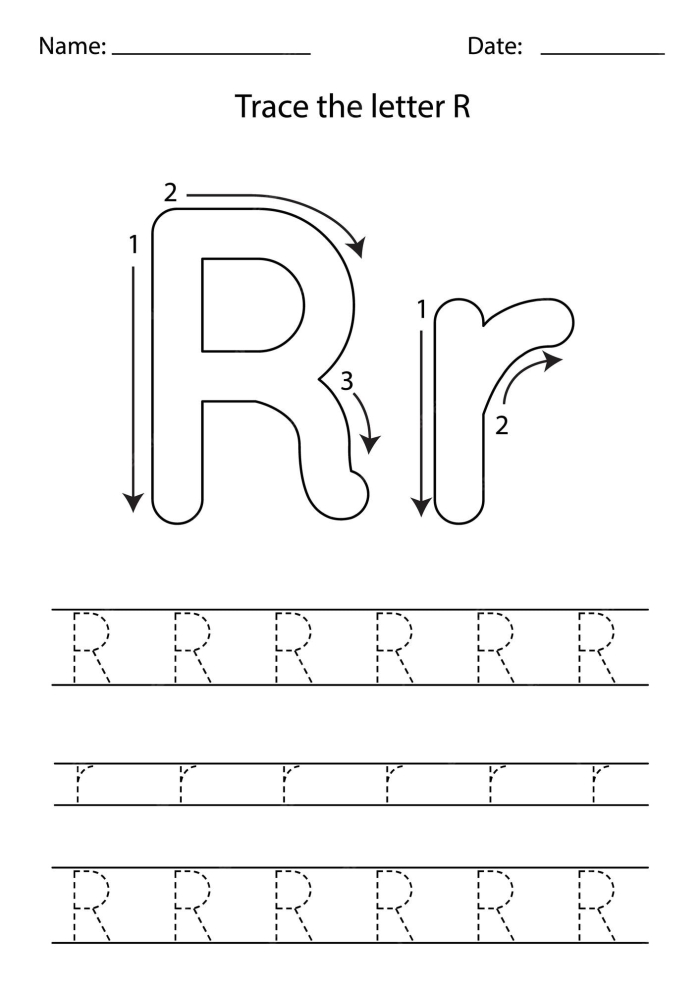 Practice tracing the letter R on a pre-K worksheet to build fine motor skills and letter recognition