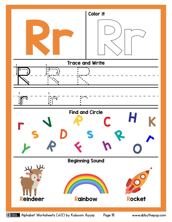 Pre-K worksheet showing tracing exercises to help children practice writing the letter R