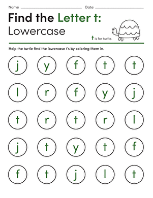 Lowercase t letter recognition activity for young learners with a turtle theme Pre-K worksheet where children find lowercase t's alongside a turtle illustration