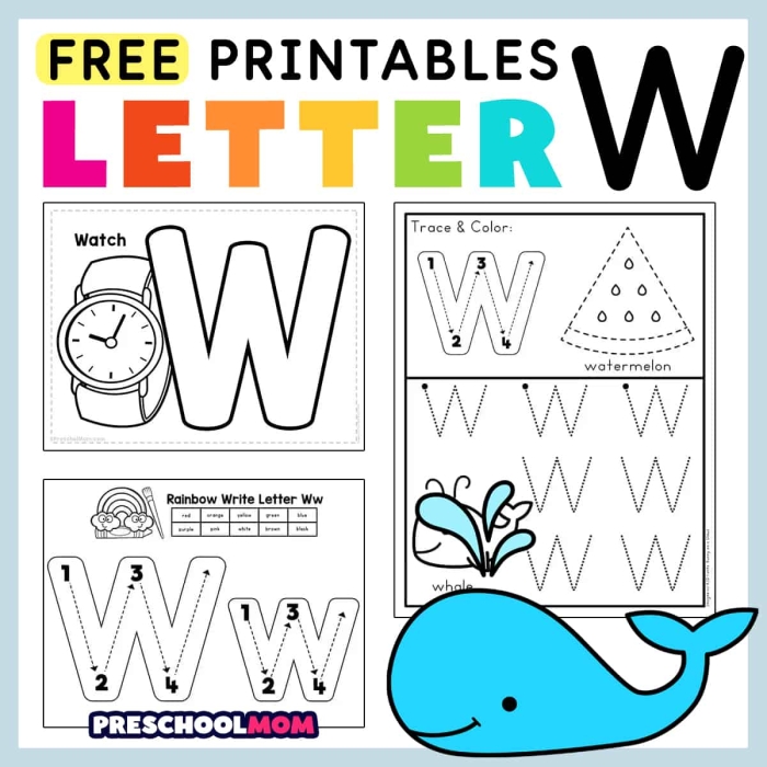 Practice tracing lines and letter W on a preschool handwriting worksheet number 7 Pre-K worksheet showing tracing lines and the letter W to build writing skills