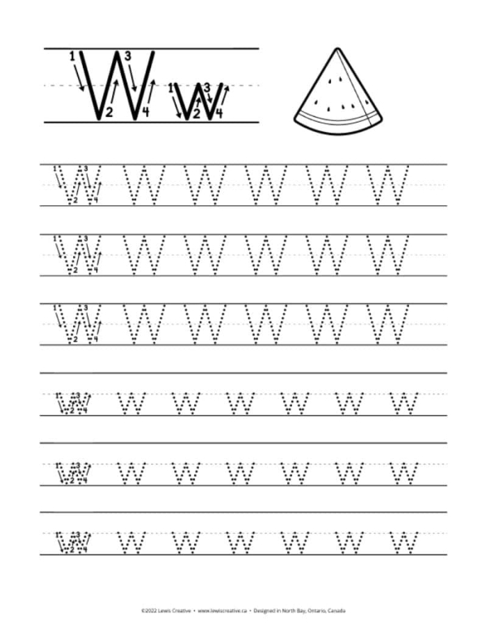 Tracing the letter W with fine motor skill activities for young learners on worksheet 17 Pre-K worksheet showing step-by-step tracing exercises to practice the letter W