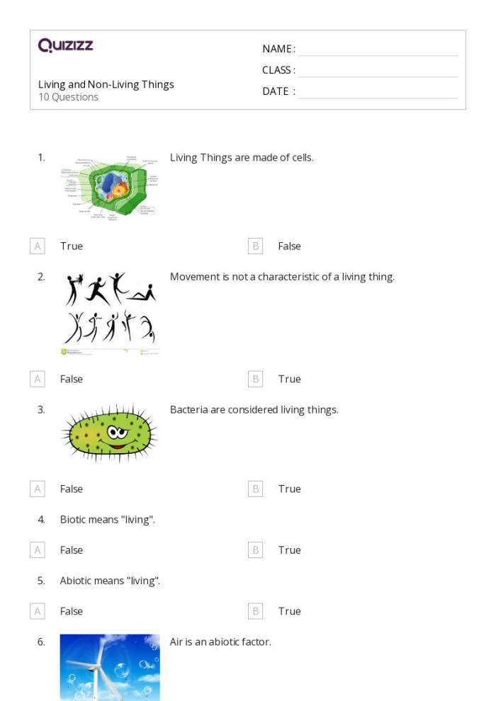 Pre-K worksheet showing pictures of plants and toys to identify living and non-living things