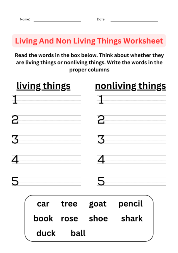 Pre-K worksheet showing pictures of plants and toys to identify living and non-living things