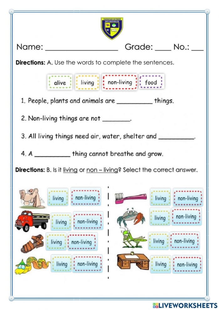 Pre-K child identifying living and non-living things on a worksheet