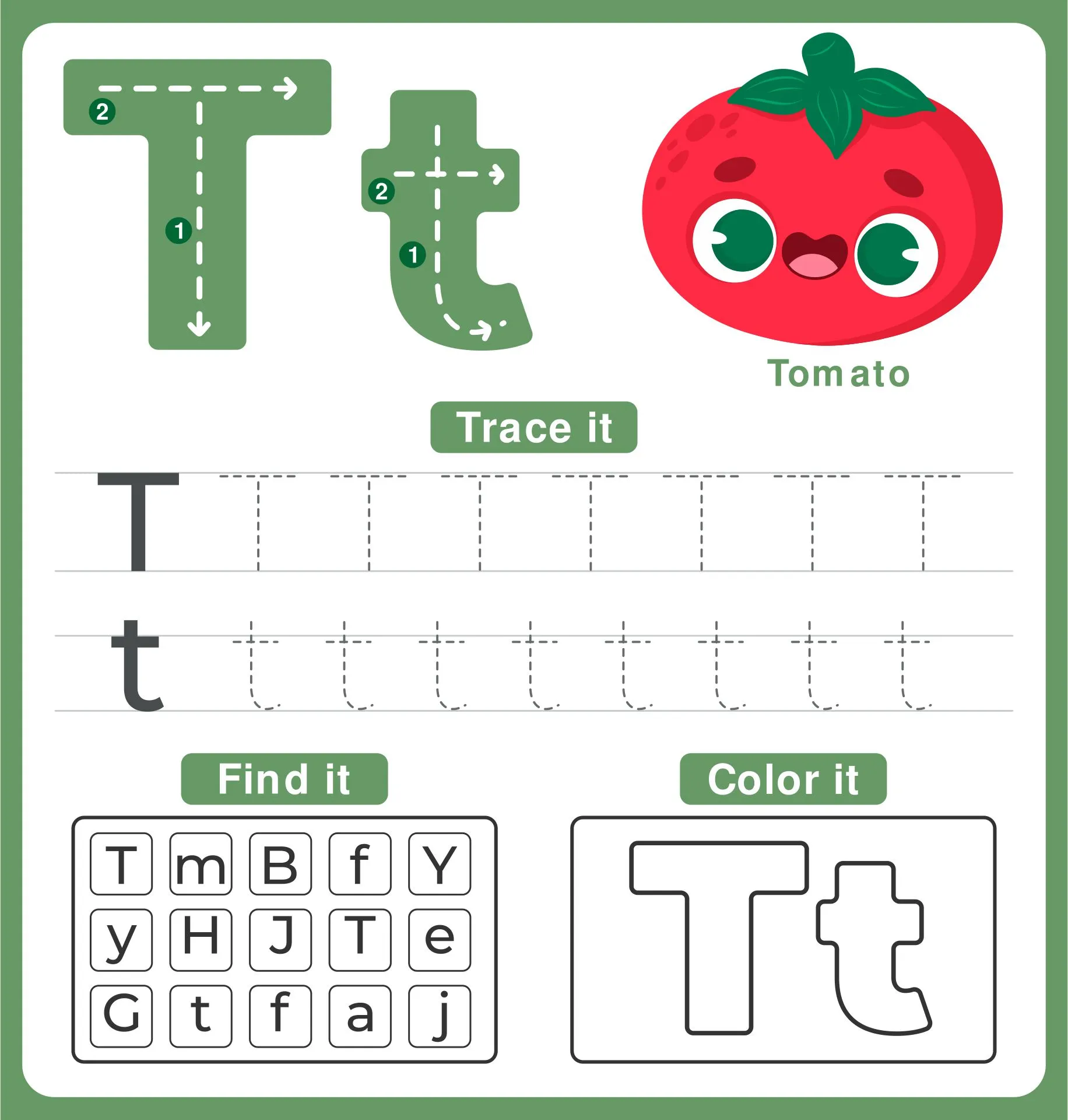 Lowercase t letter recognition activity with a turtle theme for young learners Pre-K worksheet where children identify lowercase letter t while guiding a turtle