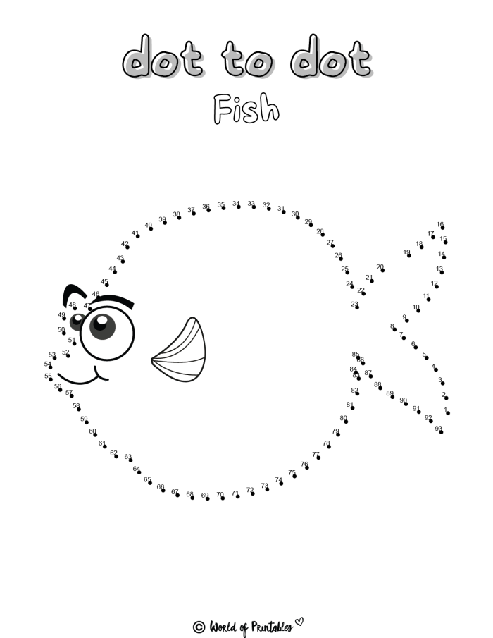 Connect the dots from 1 to 10 to uncover the hidden fish in this fun activity Dot to Dot 1-10 worksheet revealing a fish shape for Pre-K multiplication practice