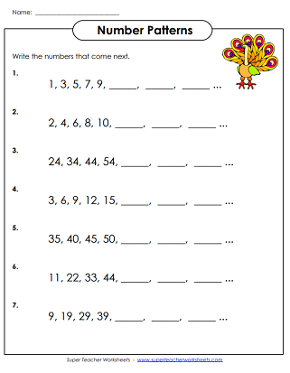 Number pattern completion exercise for preschool kids on worksheet 21 Pre-K math worksheet showing number patterns to complete for young learners