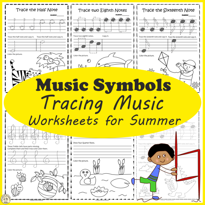 Pre-K math worksheet showing music note patterns for children to complete