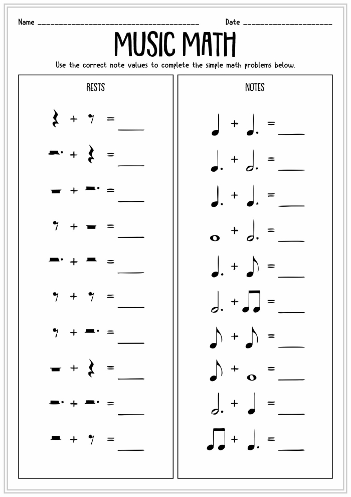 Pre-K math worksheet showing music notes arranged in repeating patterns for kids to complete