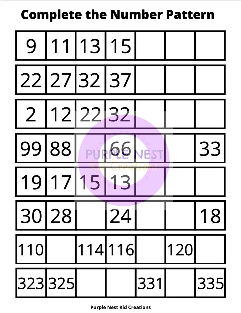 Prekindergarten Complete the Number Pattern worksheet number 18 Pre-K math worksheet showing number patterns for kids to complete