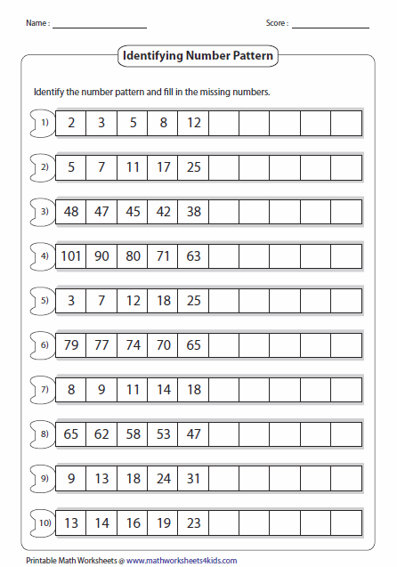 Number pattern completion exercise for early learners in grade Pre-K Pre-K math worksheet with number patterns for kids to complete