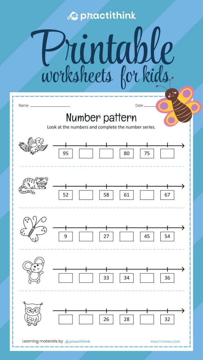 Number pattern completion exercise for preschoolers on worksheet 19 Pre-K math worksheet showing number patterns for children to complete