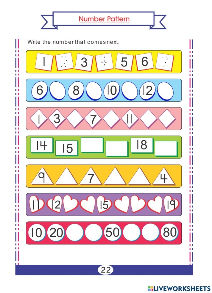 Prekindergarten Complete the Number Pattern exercise page 12 Pre-K math worksheet showing a number pattern for kids to complete