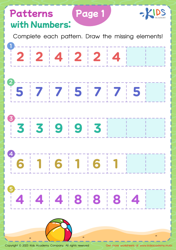Prekindergarten Complete the Number Pattern exercise image 25 Pre-K math worksheet showing number patterns for children to complete