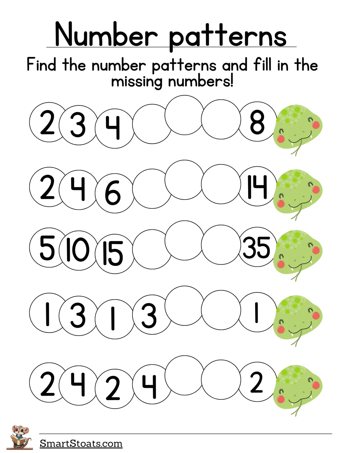 Prekindergarten worksheet helping children identify and write the next number in a sequence Pre-K math worksheet with number sequences for kids to complete the pattern