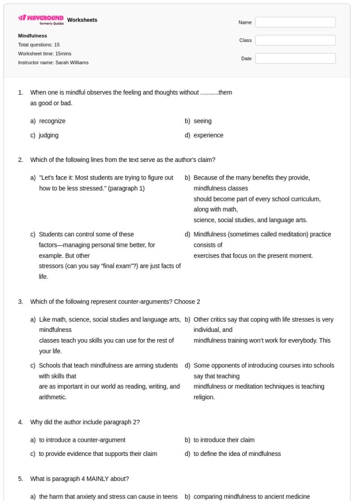 Pre-K Mindfulness feelings cards worksheet showing emotion adjectives for young learners