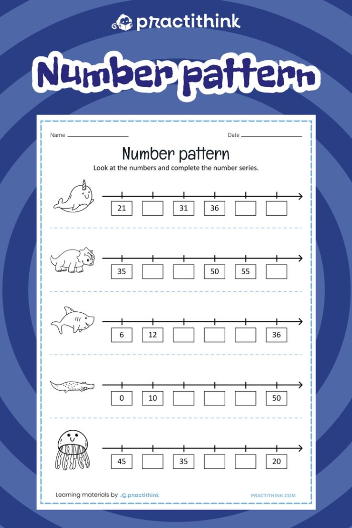 Number pattern completion activity for young learners on worksheet 14 Pre-K math worksheet where children identify and fill in missing numbers in a sequence