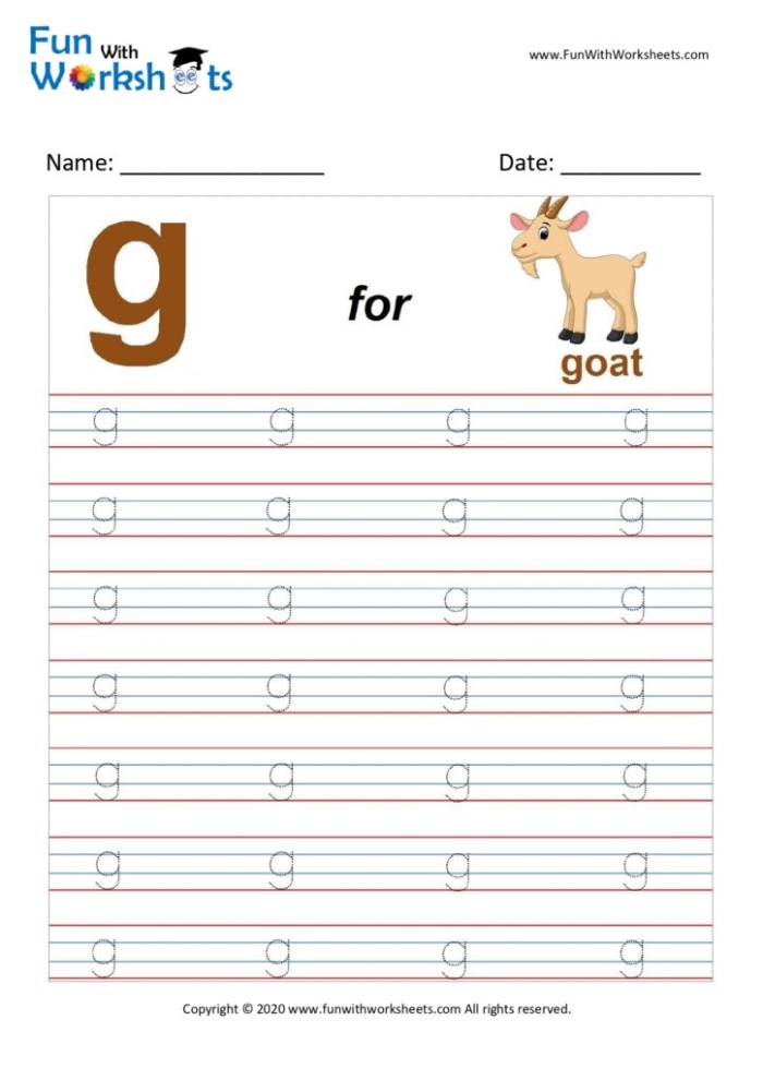 Practice Tracing the Letter G worksheet for early writing development in prekindergarten kids Pre-K handwriting worksheet showing tracing lines and the letter G to build motor skills