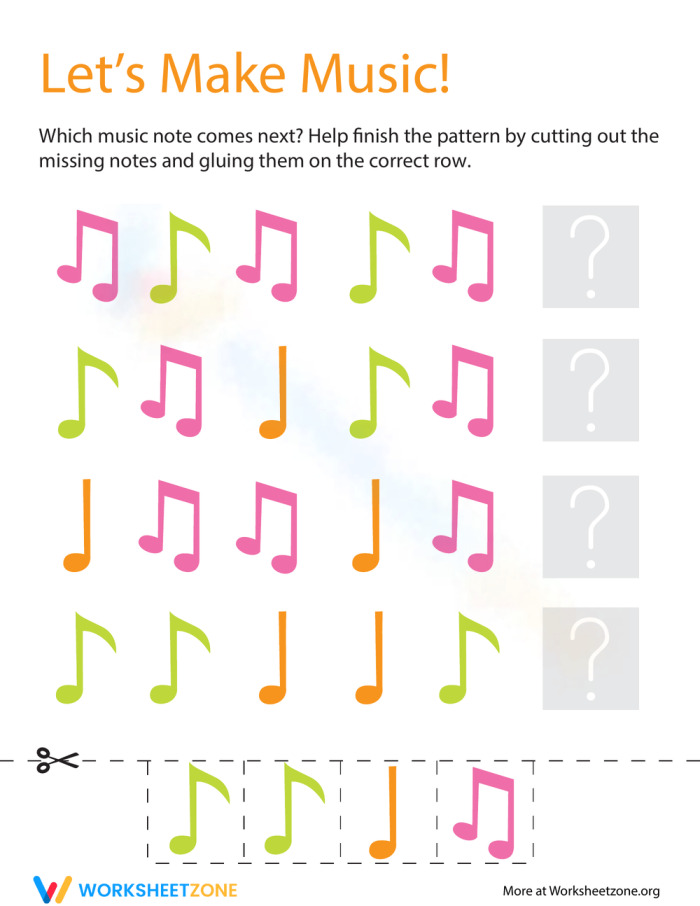 Pre-K math worksheet showing music note patterns for kids to complete