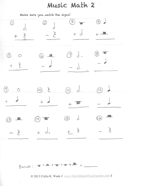 Pre-K math worksheet showing music note patterns for kids to complete