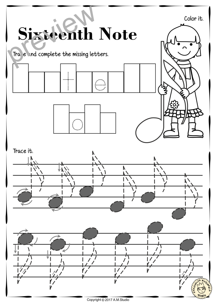 Pre-K math worksheet showing a sequence of music notes in repeating patterns for kids to complete