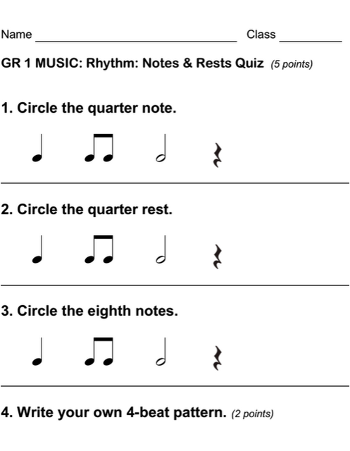 Pre-K music notes worksheet showing patterns to complete with the next note