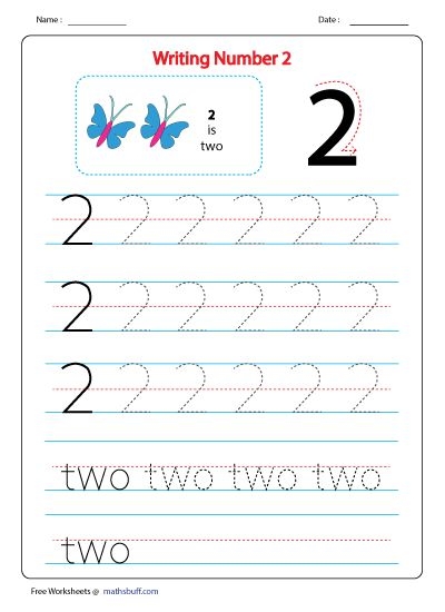 Early math worksheet 5 focused on counting and writing the number two for young learners Pre-K child practicing writing the number 2 with counting exercises on worksheet 5