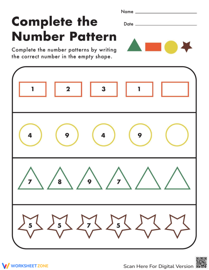 Pre-K math activity 4 focusing on identifying and completing number sequences Prekindergarten worksheet showing a number pattern to complete by writing the missing number