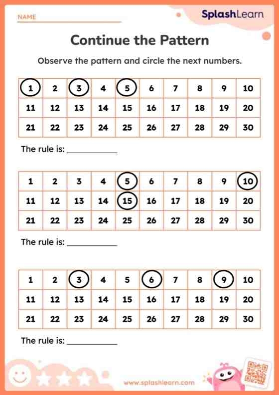 Number pattern exercise for preschoolers to fill in the missing numbers on worksheet 24 Pre-K math worksheet showing a number pattern for children to complete