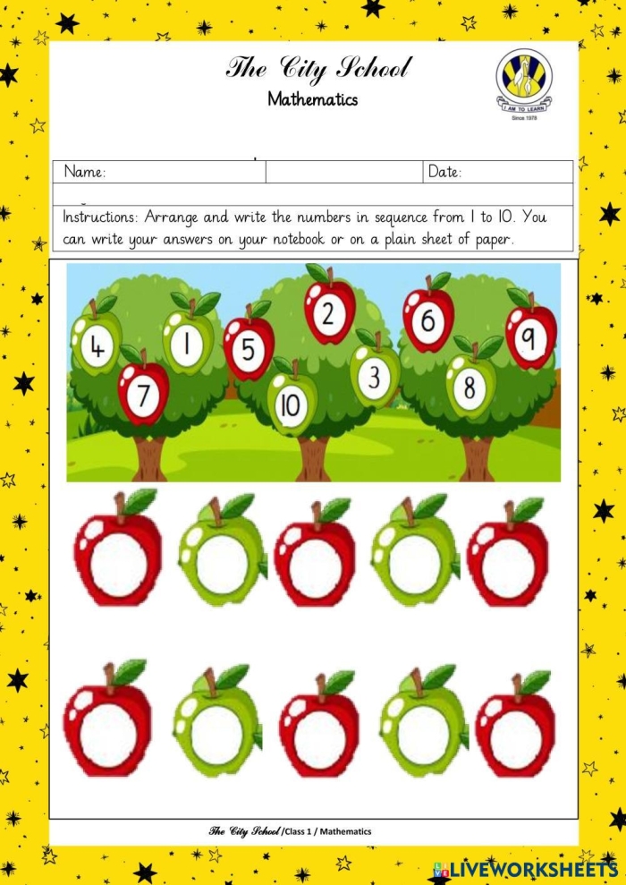 Order Em Up! worksheet for young learners practicing number sequences in grade Pre-K Pre-K worksheet image showing number ordering activity up to 10 for assessment