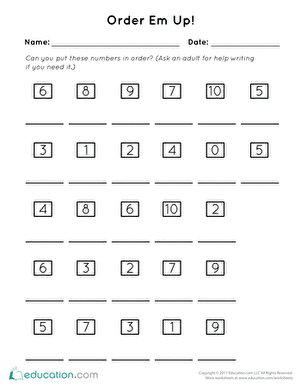 Order 'Em Up! worksheet activity focusing on number order skills for young learners, image 15 Pre-K students practicing number sequencing on the Order 'Em Up! worksheet for numbers up to 10