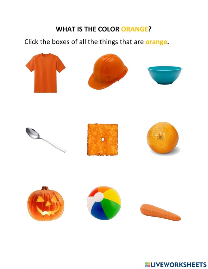 Exploring the color orange with a fun worksheet for young learners, image 8 Pre-K child coloring an orange-themed page from The Color Orange worksheet in Time and Money category