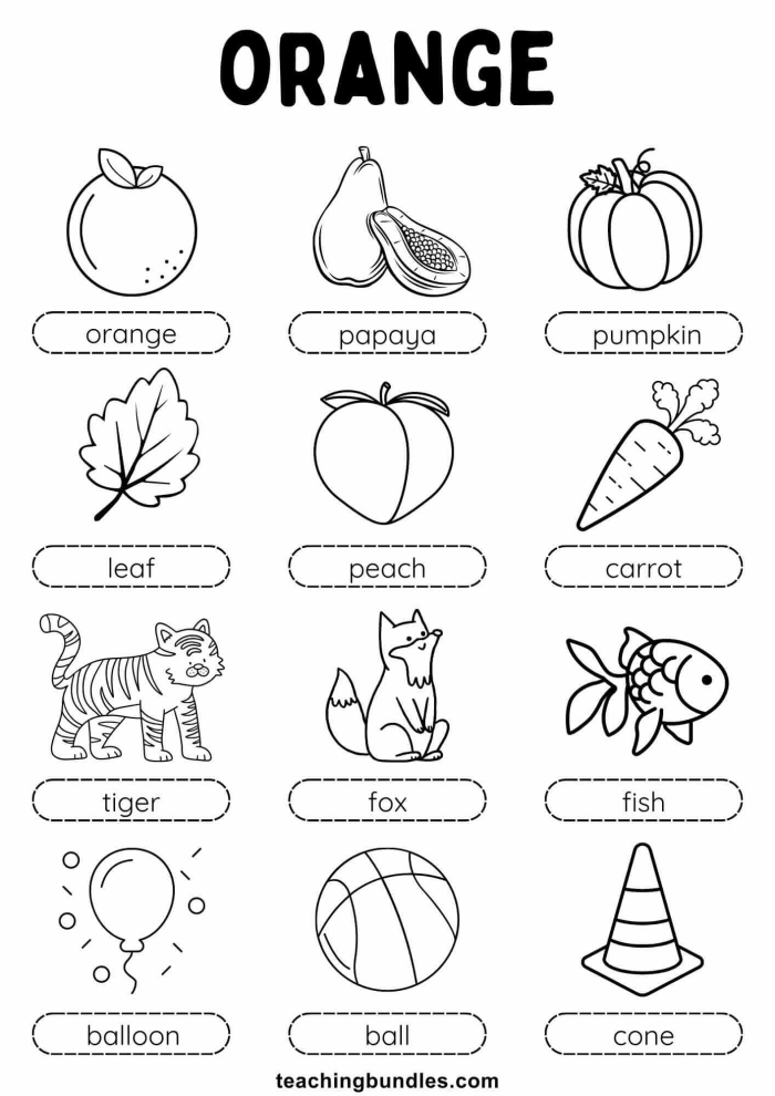 Creative orange color learning activity for young children with a fun worksheet project Pre-K child working on a colorful orange-themed worksheet about time and money