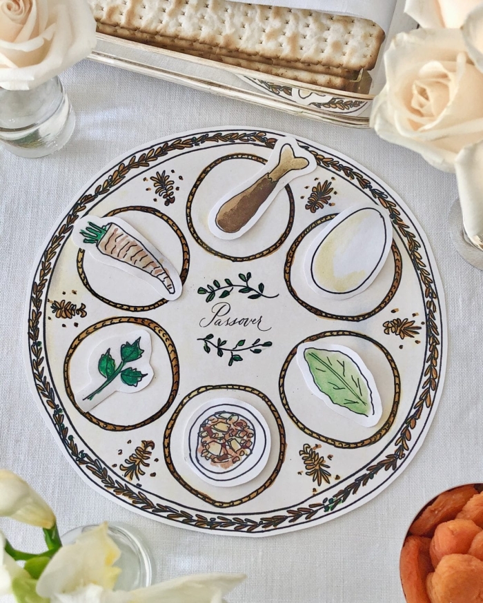 Pre-K child using a Passover Seder worksheet to learn about traditions with play food